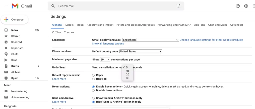 message undo setting
