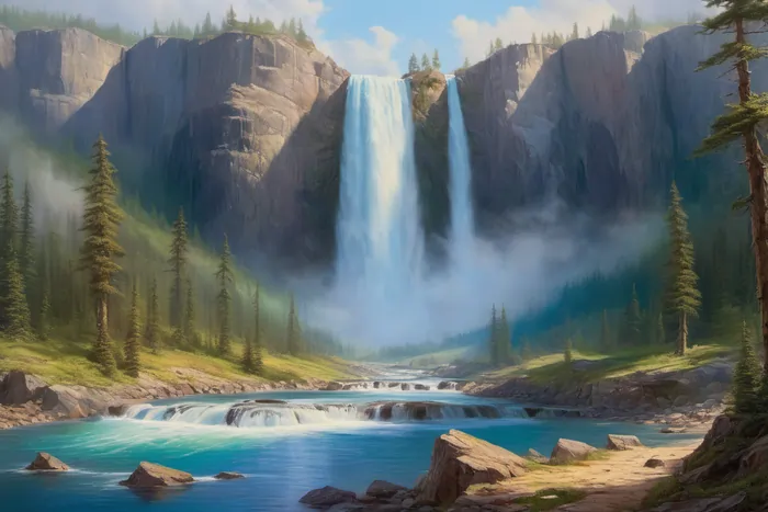An extreme long shot illustration of a majestic waterfall