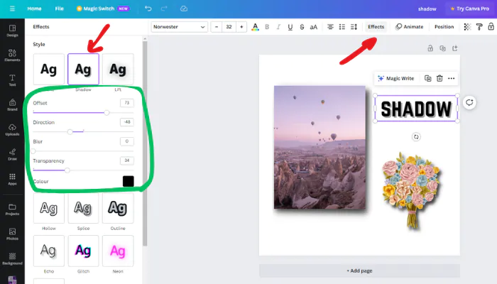 canva drop shadow text effect
