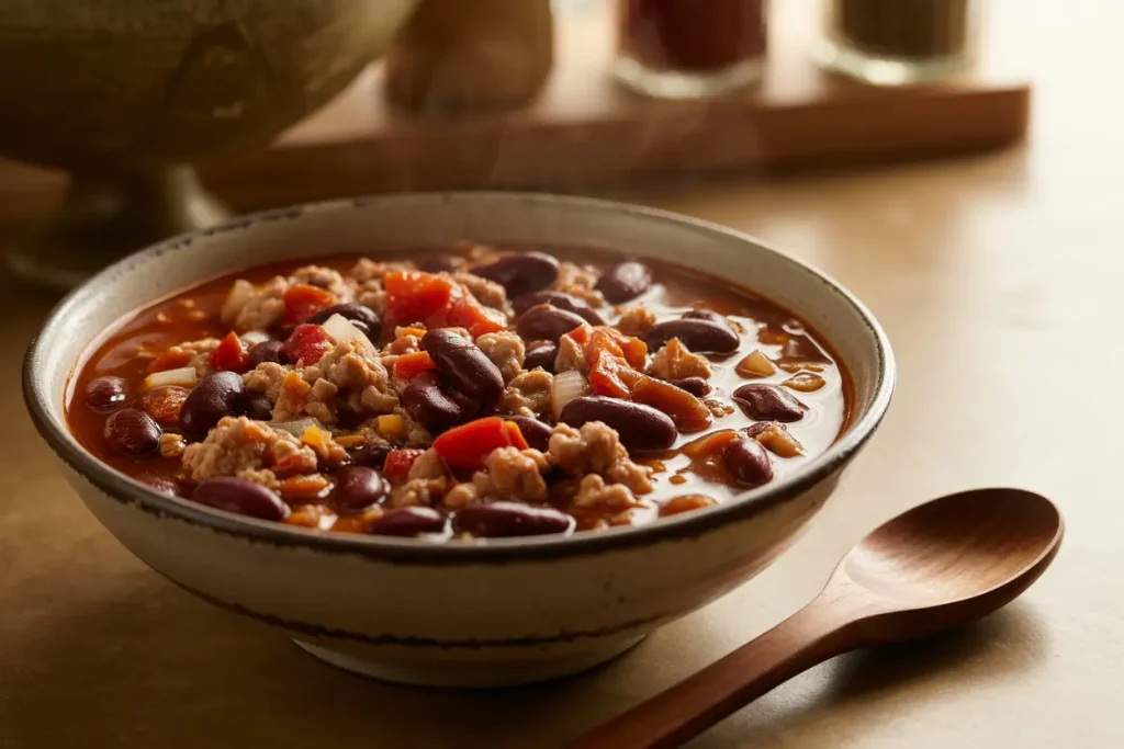 Turkey chili (lean turkey, kidney beans, tomatoes, onions, olive oil)