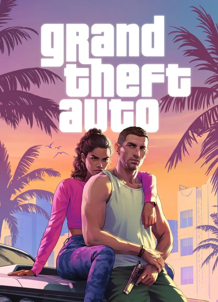 Official cover art of Rockstar Games GTA 6 showing main characters and city backdrop
