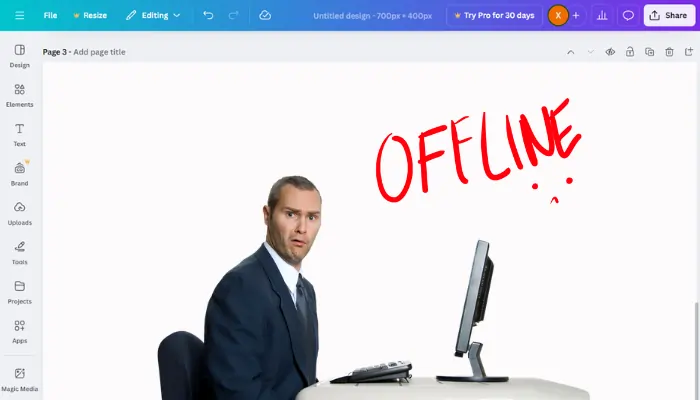 Canva interface showing the offline error message