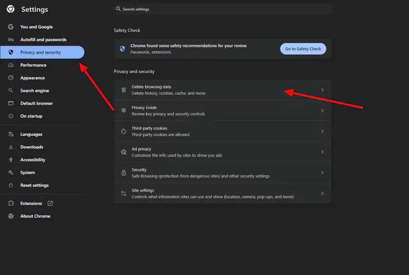 How to clear browser cache and cookies in settings.
