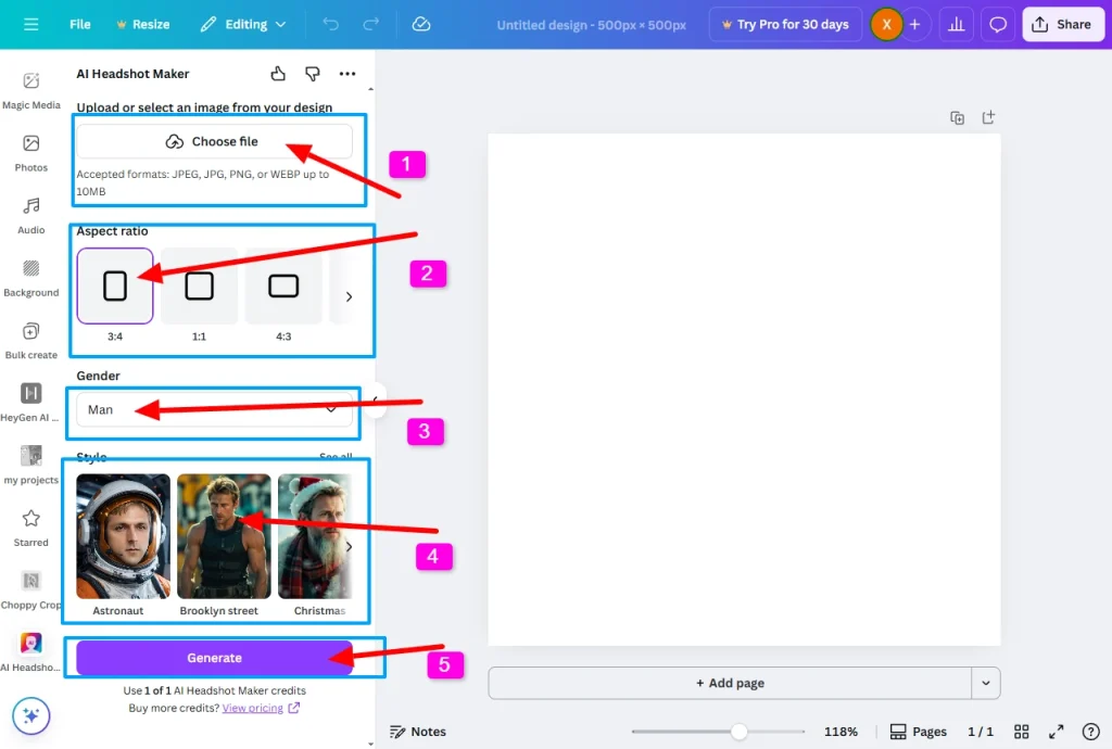 Configure Settings and Generate ai headshot canva