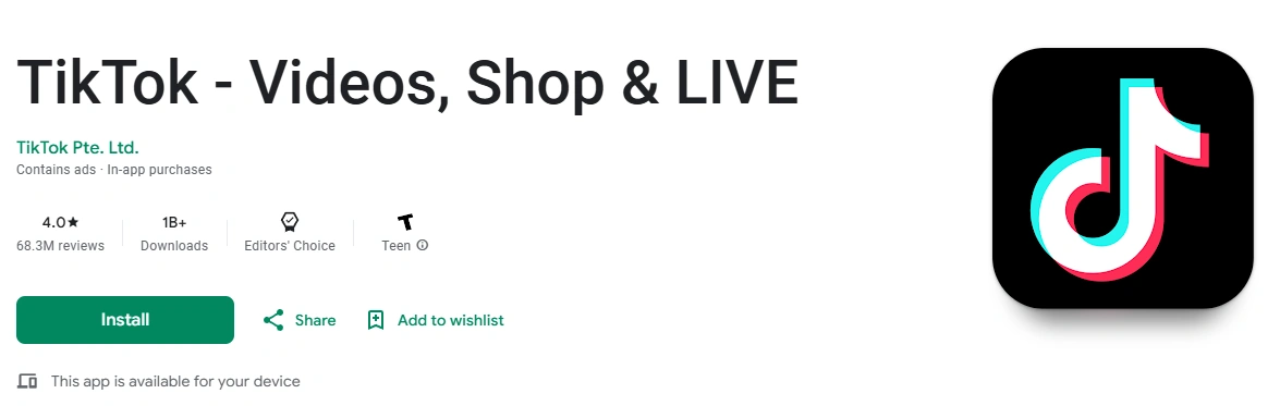 TikTok app icon in the google play Store screenshot