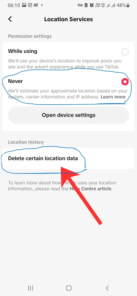 set location to never in tiktok