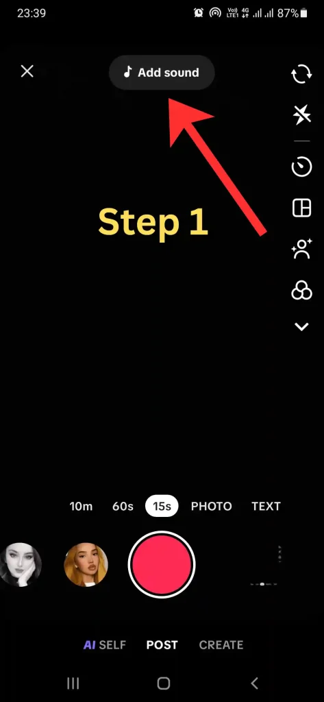 Select Add sound at the top of the recording screen